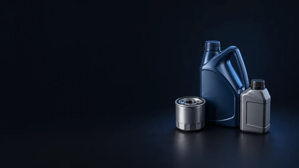 Sealed blue and grey fluid bottles beside a clean silver spin-on filter on a dark surface. - Automotive Parts & Accessories Meta ads research index