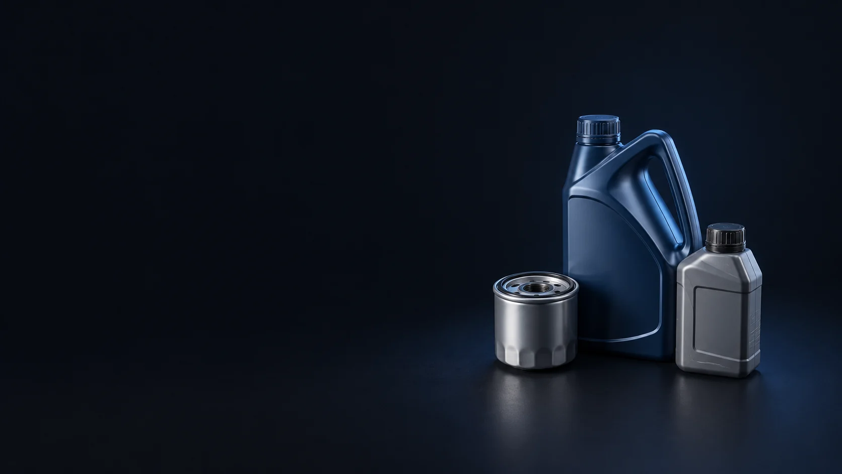 Sealed blue and grey fluid bottles beside a clean silver spin-on filter on a dark surface. - Maintenance & Consumables Meta ads research by Madgicx Labs