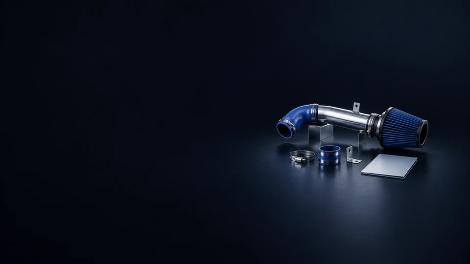 A silver intake tube with blue elbow and cone filter on supports, with separate clamps, a coupler, bracket and blank sleeve. - Automotive Parts & Accessories Meta ads research index