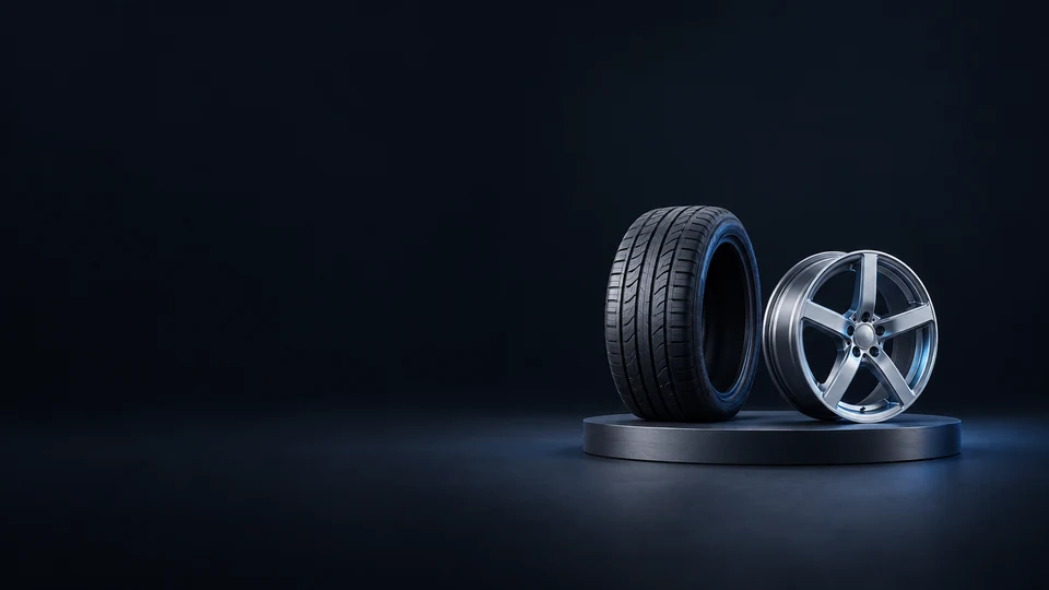 An upright black tire and a separate five-spoke aluminum wheel rim on a low dark oval platform. - Automotive Parts & Accessories Meta ads research index