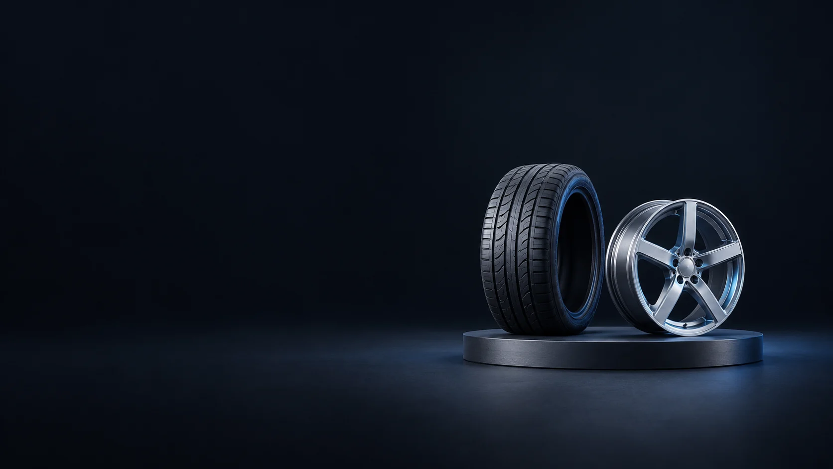 An upright black tire and a separate five-spoke aluminum wheel rim on a low dark oval platform. - Tire & Wheel Products Meta ads research by Madgicx Labs