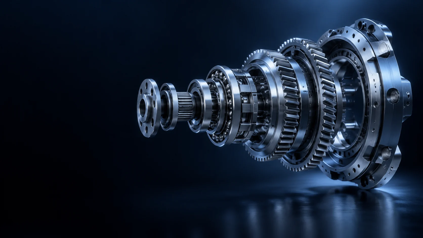 Exploded metal gears, bearings and rings in a blue-lit assembly. - Automotive Parts & Accessories Meta ads research by Madgicx Labs