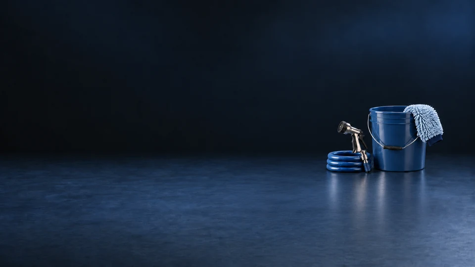 A blue wash bucket, pale mitt, metal nozzle and coiled blue hose on a navy workshop surface. - Automotive Services Meta ads research index
