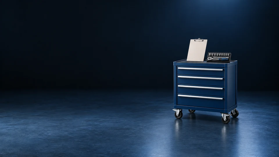 A compact navy rolling tool cabinet with a blank clipboard and socket tray. - Automotive Services Meta ads research index