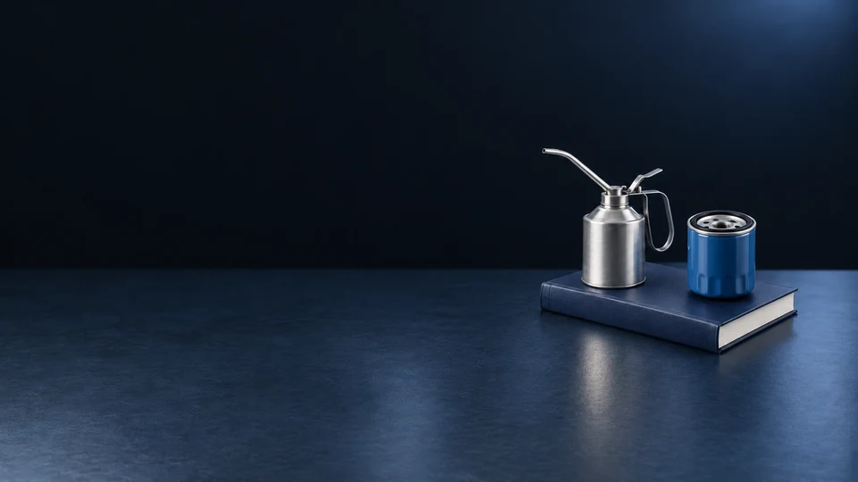 A brushed-metal oil can and blue filter on a closed navy service manual. - Automotive Services Meta ads research index