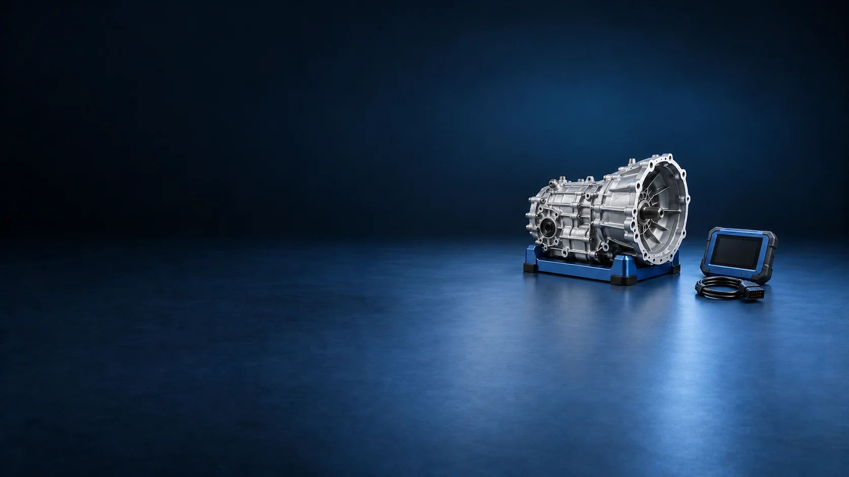 A complete silver gearbox housing on a blue cradle beside a blank diagnostic unit and coiled lead. - Specialty Repair Services Meta ads research by Madgicx Labs