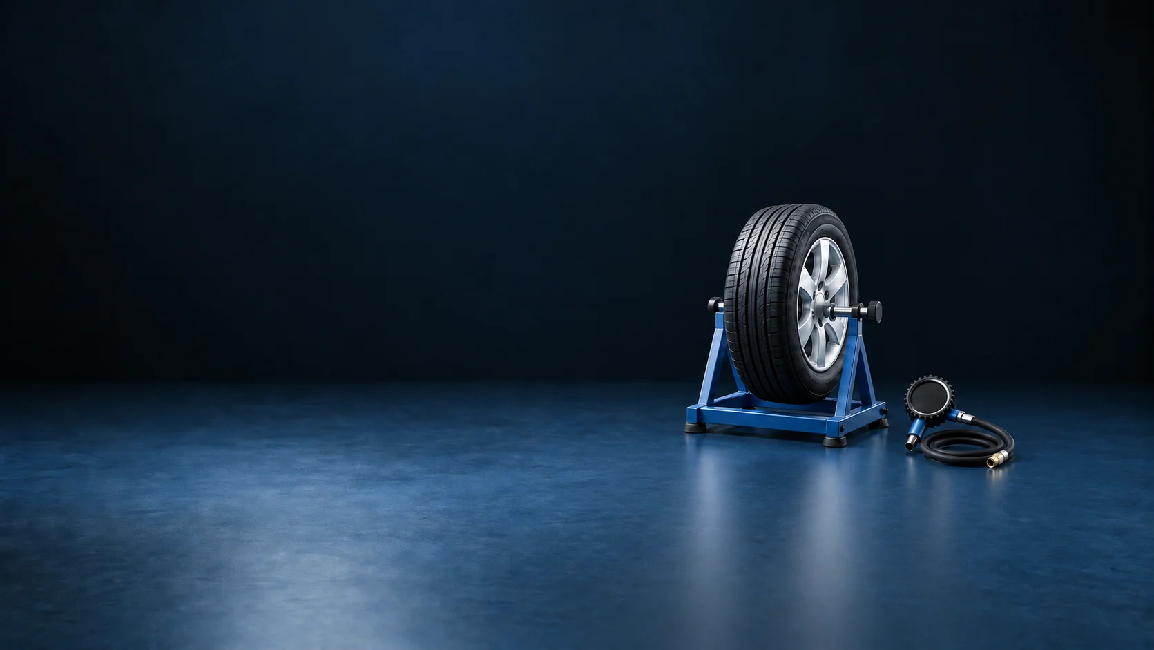 An unbranded tire and silver wheel on a complete blue balancing stand beside a blank pressure gauge and coiled hose. - Tire Services Meta ads research by Madgicx Labs