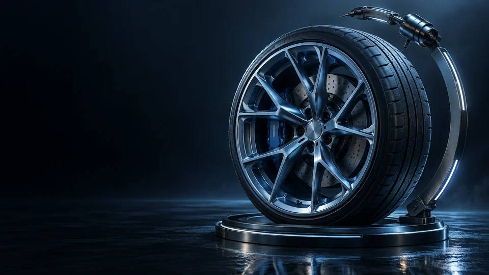 Car wheel and brake assembly beside a curved service apparatus. - Automotive Services Meta ads research by Madgicx Labs