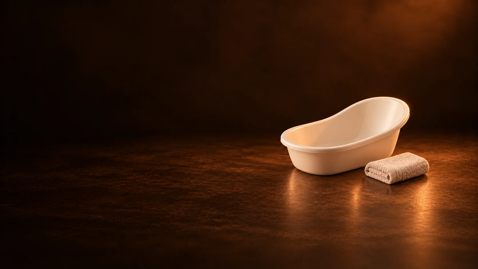 An empty ivory infant bathtub beside a folded oatmeal washcloth. - Bathing & Health Products Meta ads research by Madgicx Labs