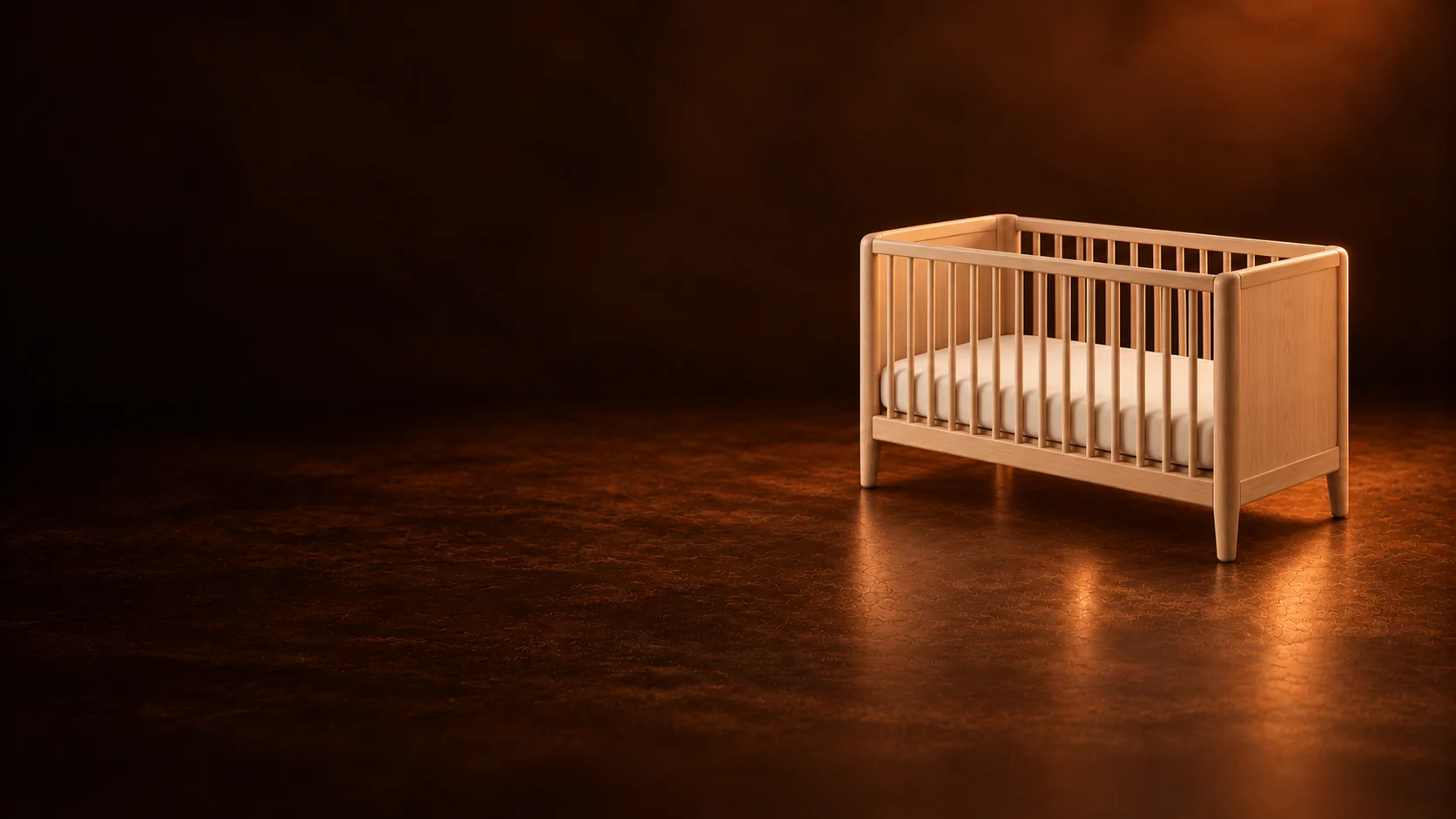 A pale oak crib with a bare flat fitted mattress on a dark brown floor. - Nursery Furniture & Decor Meta ads research by Madgicx Labs