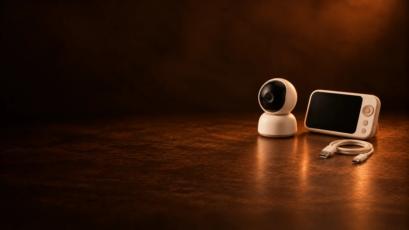 An unbranded ivory baby camera beside an inactive handheld display and a coiled cable. - Safety & Monitoring Products Meta ads research by Madgicx Labs