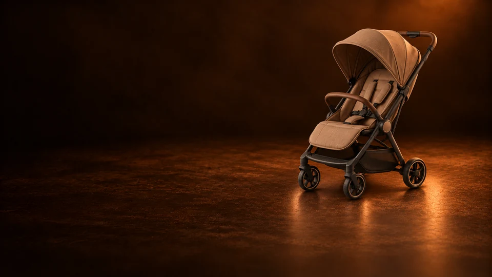 A complete empty caramel stroller with visible wheels, canopy and handle. - Baby & Child Products Meta ads research index