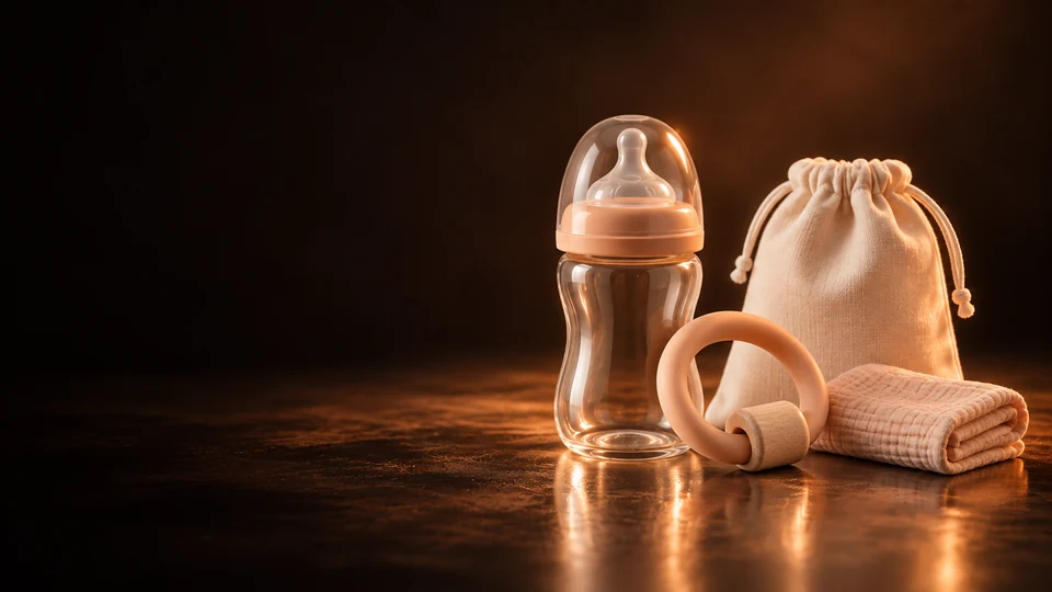 Glass feeding bottle, peach silicone ring and folded muslin beside an ivory care pouch. - Baby & Child Products Meta ads research by Madgicx Labs