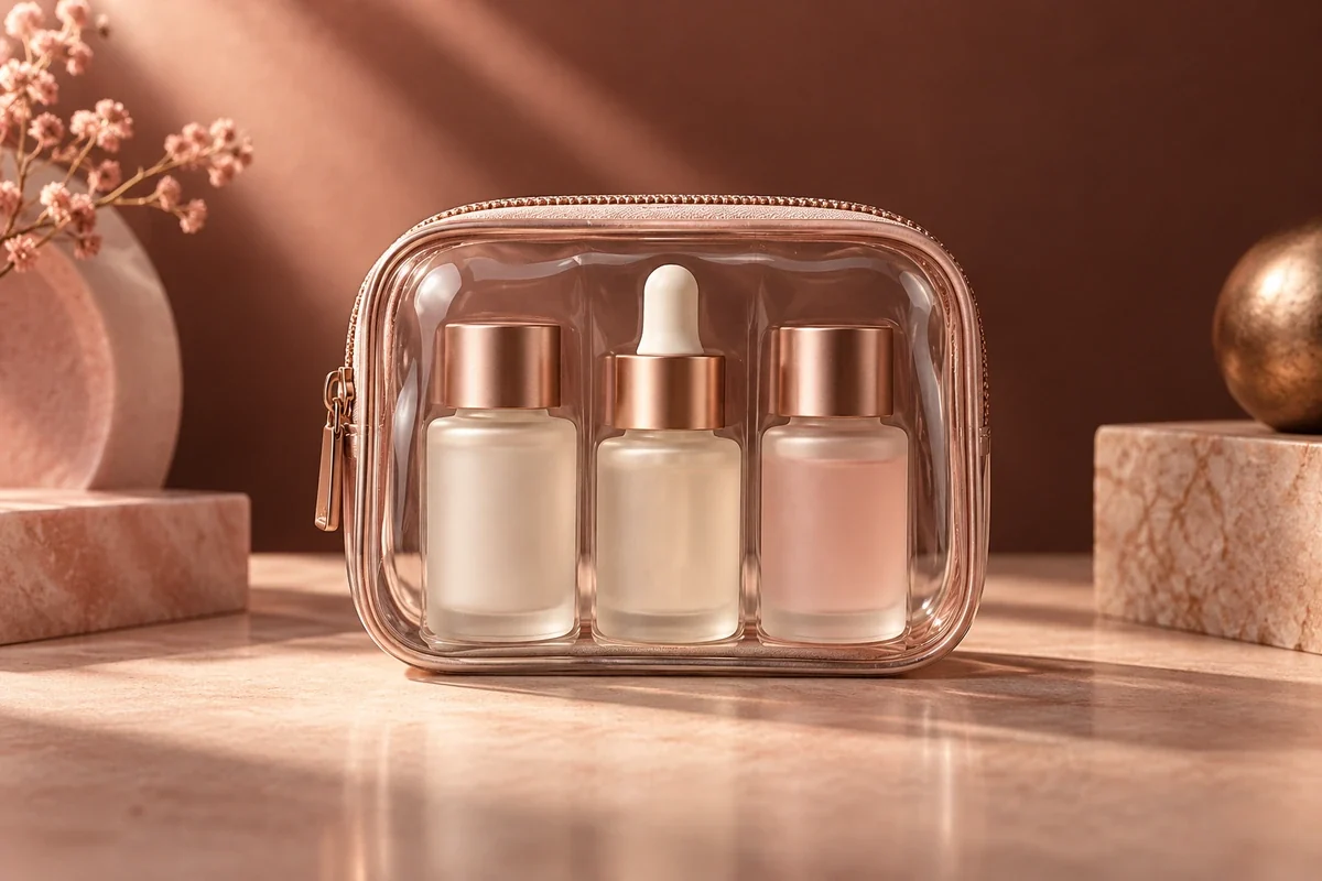Miniature skincare bottles in a travel pouch - Travel Size Beauty Meta ads research by Madgicx Labs