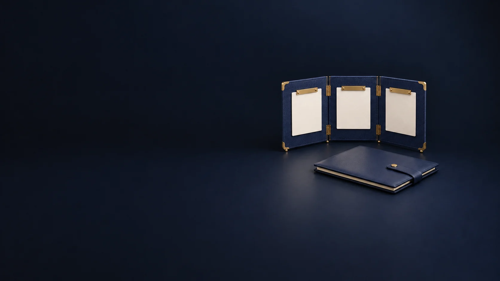 A navy linen folding workshop board with blank cards and brass clips beside a closed project folio. - Business Transformation Services Meta ads research by Madgicx Labs