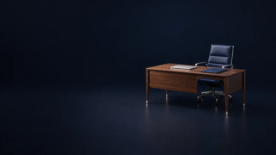 A compact walnut executive desk with a navy chair, closed silver laptop and planning folio. - Business & Consulting Services Meta ads research index