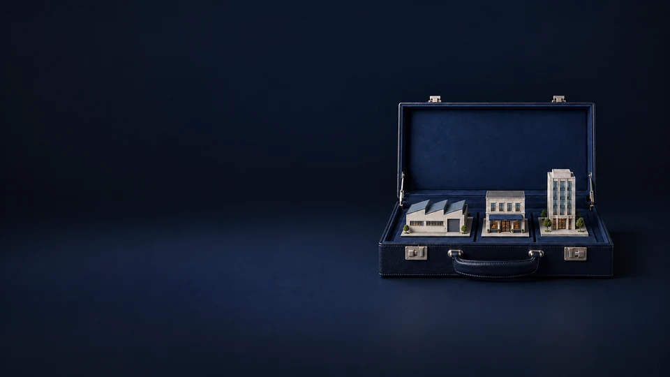 An open navy case holding miniature factory, shop and office buildings. - Business & Consulting Services Meta ads research index