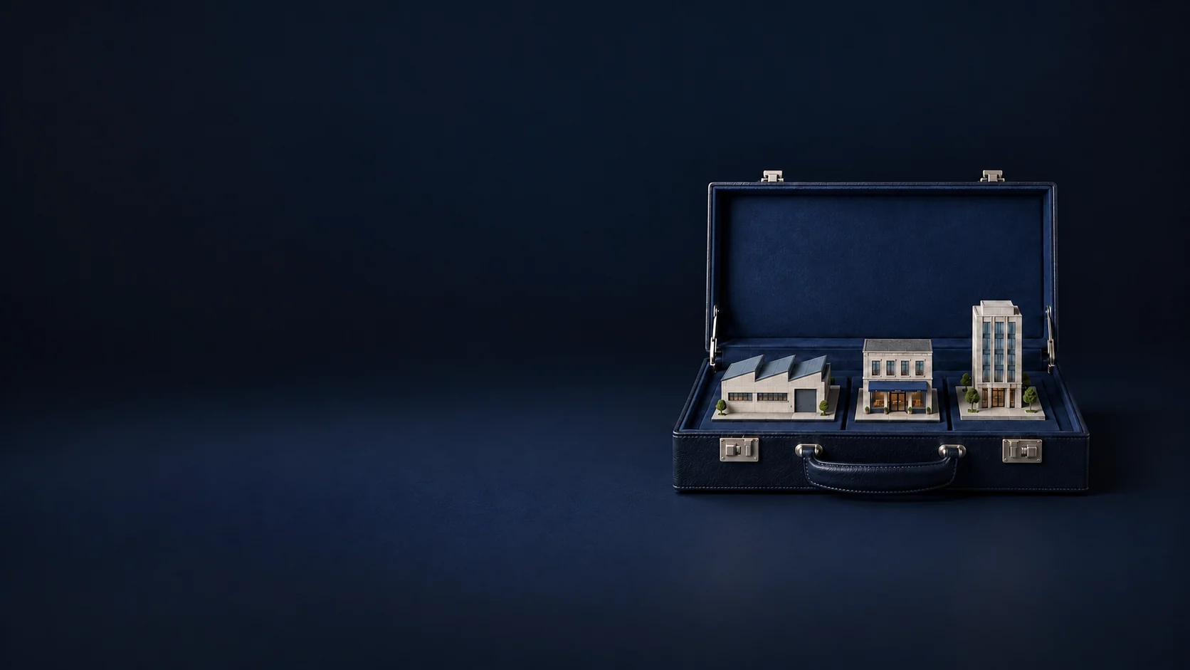 An open navy case holding miniature factory, shop and office buildings. - Industry Specialty Consulting Meta ads research by Madgicx Labs