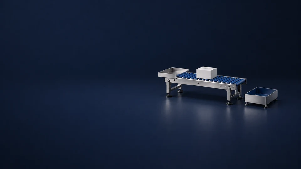 A compact blue roller conveyor with a plain carton, input tray and separate output tray. - Business & Consulting Services Meta ads research index