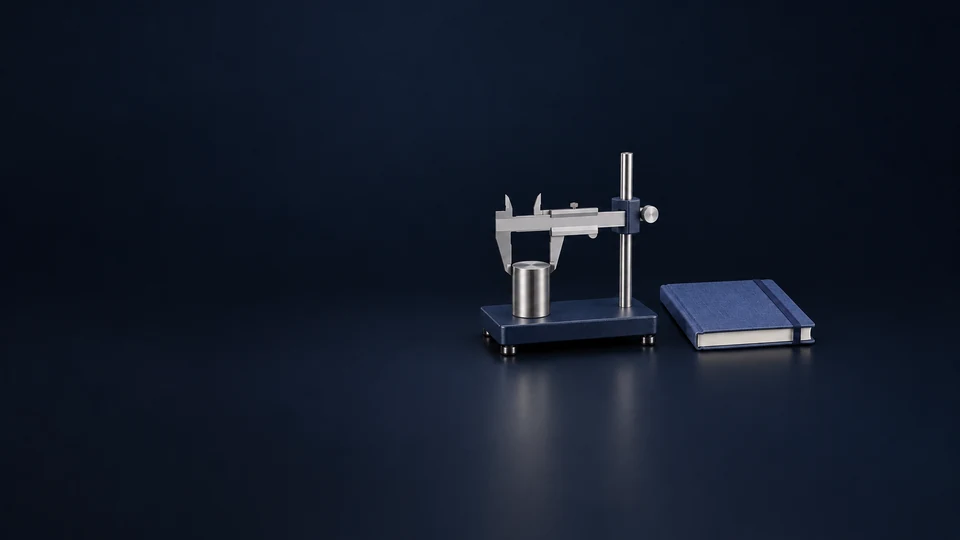 A compact unmarked caliper on an inspection stand with a metal sample and closed blue notebook. - Business & Consulting Services Meta ads research index