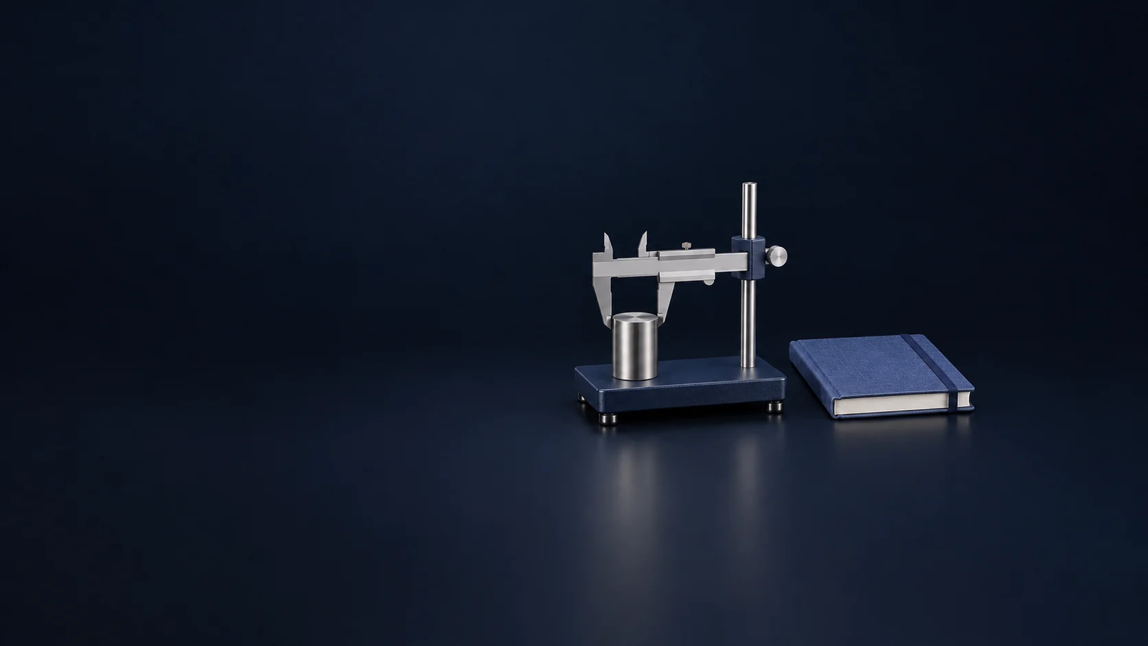 A compact unmarked caliper on an inspection stand with a metal sample and closed blue notebook. - Performance Improvement Consulting Meta ads research by Madgicx Labs
