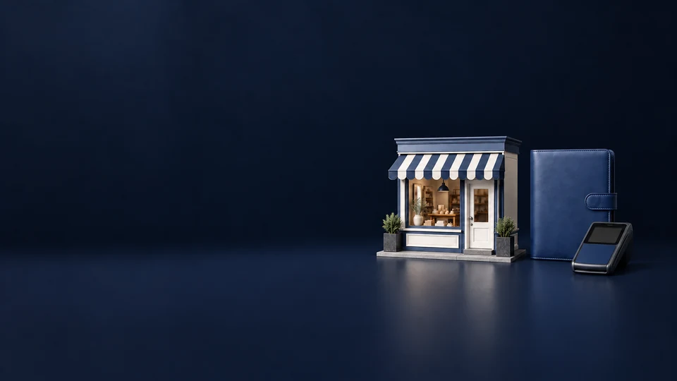 A miniature storefront with a navy striped awning beside a blue folio and an unmarked card terminal. - Business & Consulting Services Meta ads research index