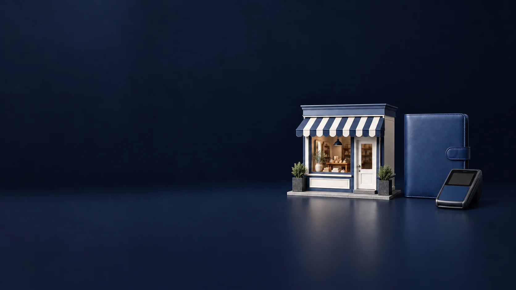 A miniature storefront with a navy striped awning beside a blue folio and an unmarked card terminal. - Small Business Consulting Meta ads research by Madgicx Labs