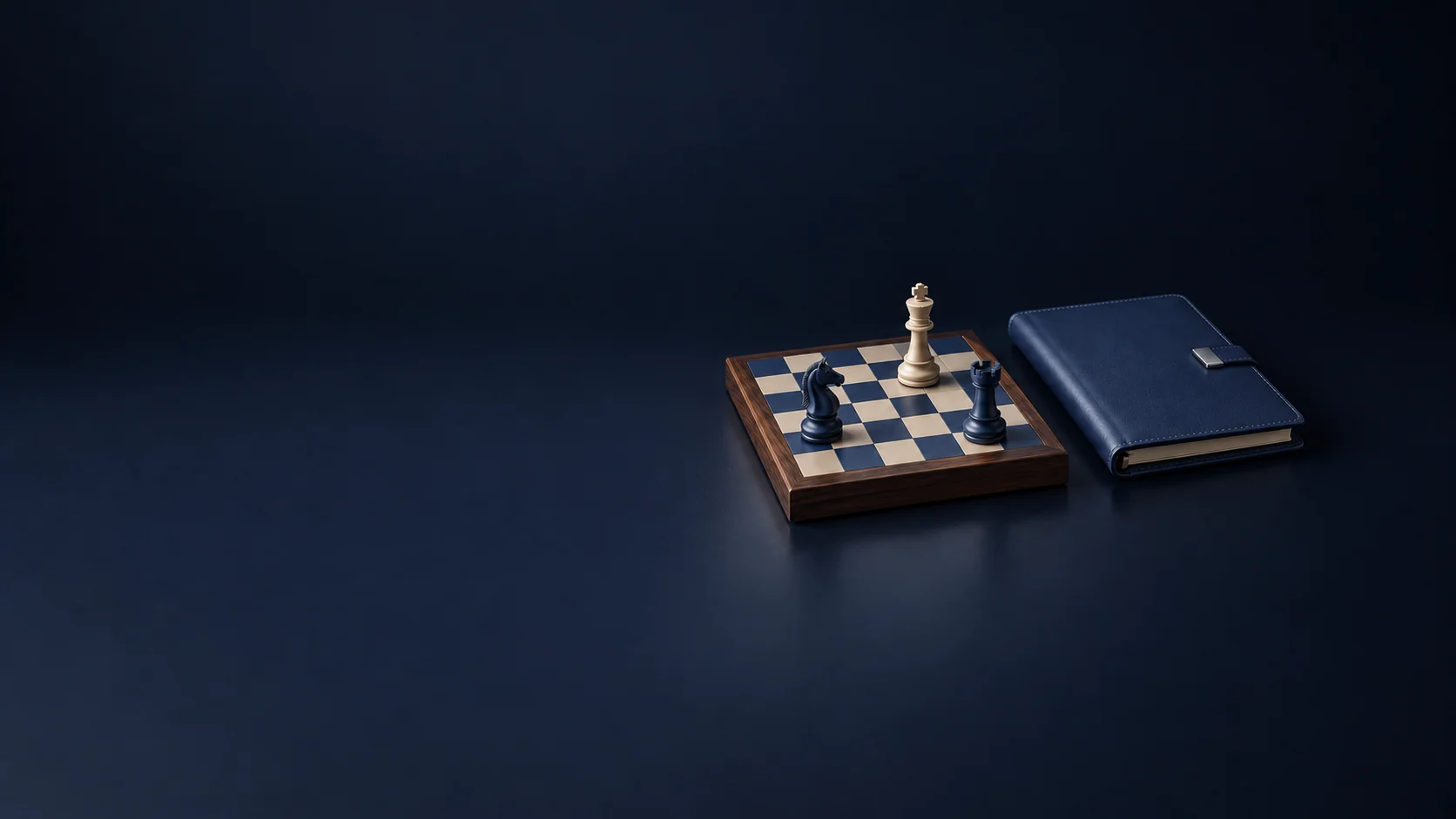 A navy and walnut chessboard with a knight, rook and king beside a closed blue decision folio. - Strategy & Corporate Advisory Meta ads research by Madgicx Labs