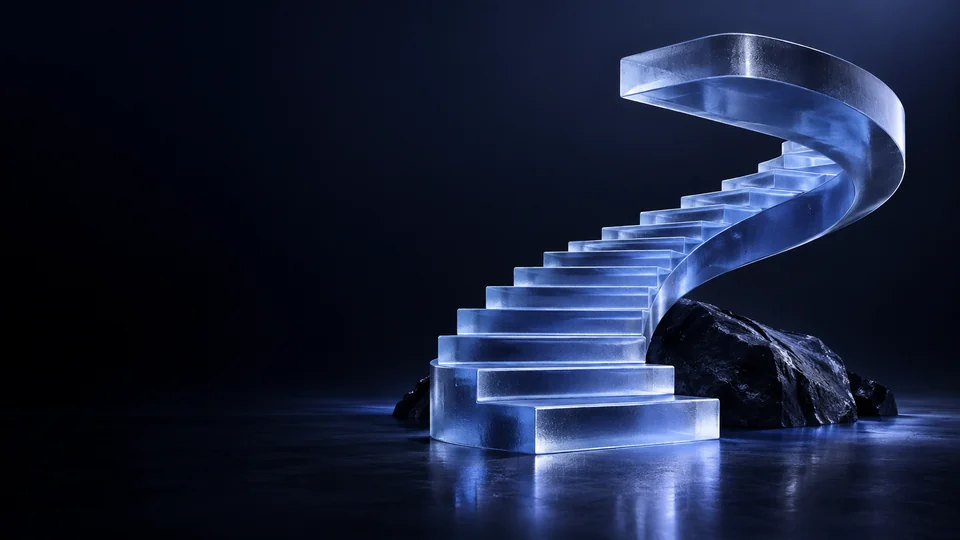 Translucent blue staircase curving upward beside dark stone. - Business & Consulting Services Meta ads research by Madgicx Labs