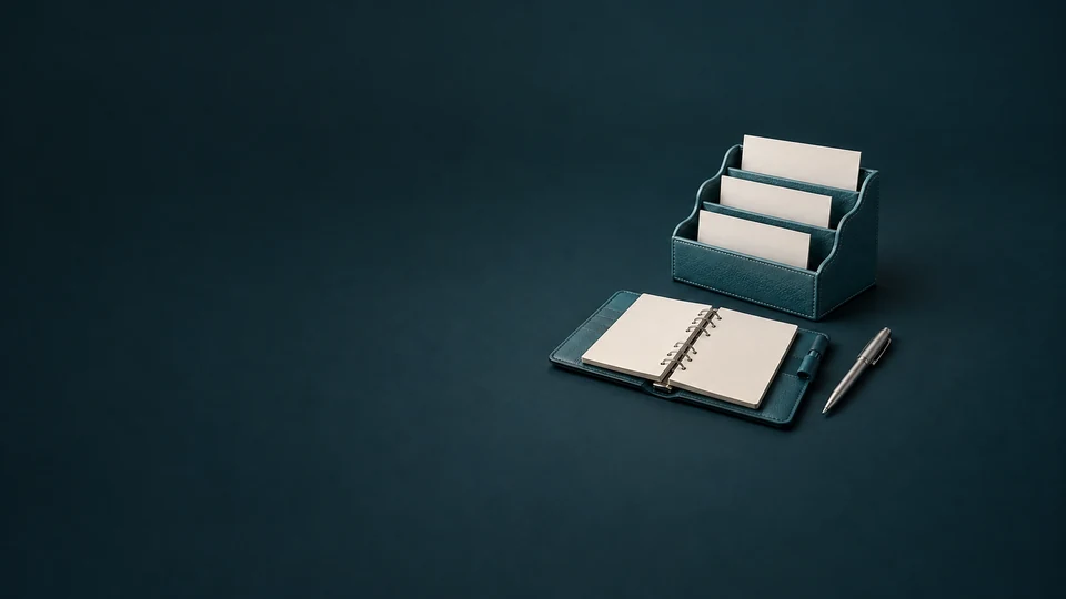 A teal leather correspondence organizer with blank task cards beside an open ring planner and silver pen. - Business Process Outsourcing Meta ads research index