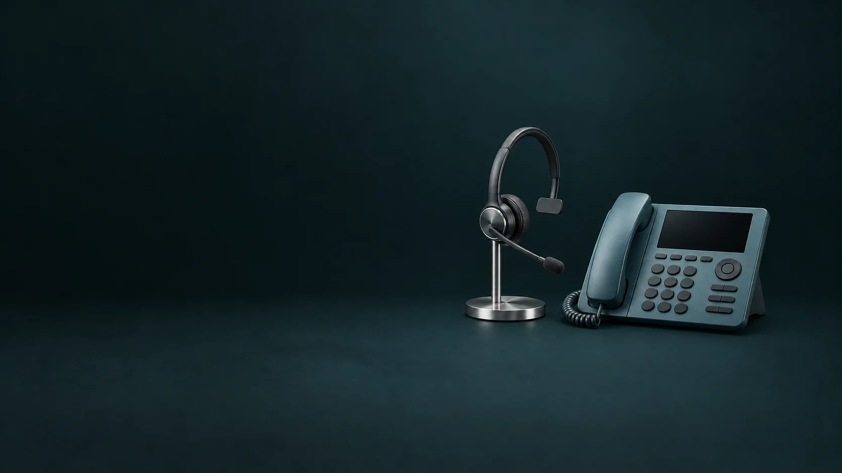 A complete single-ear support headset on a silver stand beside an unmarked teal desktop telephone. - Customer Service Call Centers Meta ads research by Madgicx Labs