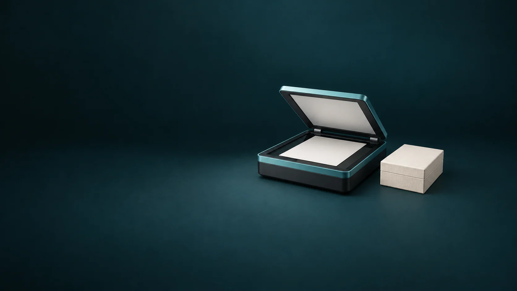 An open teal flatbed scanner holding a blank ivory page beside a small linen archival box. - Document Processing Services Meta ads research by Madgicx Labs