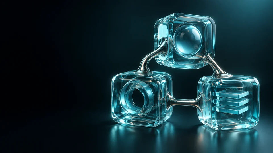 Three translucent teal modules joined by polished metal links. - Business Process Outsourcing Meta ads research by Madgicx Labs