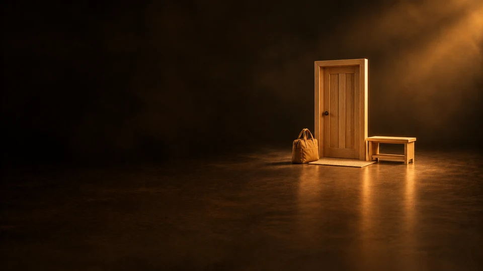 A small freestanding wooden door model beside a caregiver tote and an empty bench. - Child Care & Development Services Meta ads research index