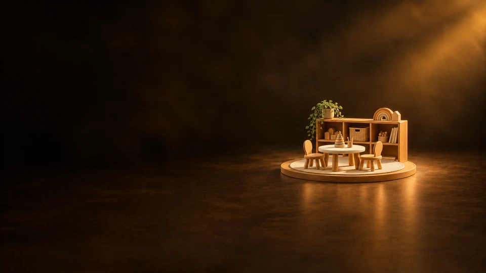 A miniature daycare setting with low cubbies, a round table, two small chairs and play materials. - Child Care & Development Services Meta ads research index