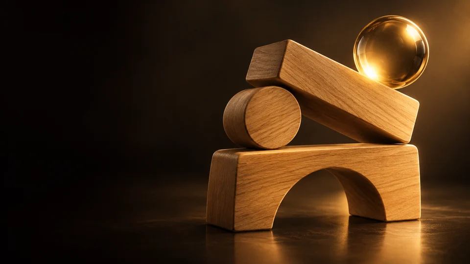 Honey-colored wooden geometric blocks with an amber glass sphere on a dark surface. - Child Care & Development Services Meta ads research by Madgicx Labs