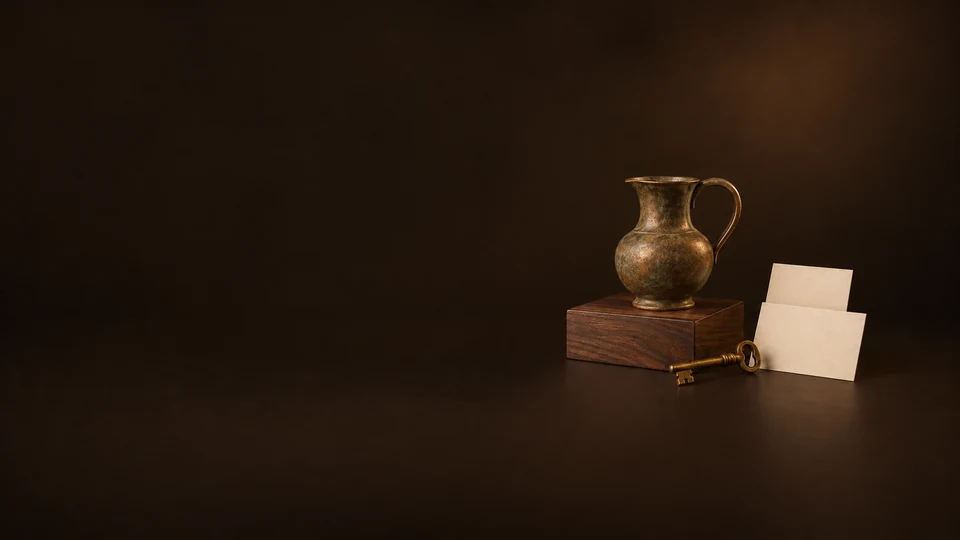 A patinated bronze pitcher on a walnut block beside a brass key and two blank ivory cards. - Collectibles & Artifacts Meta ads research index
