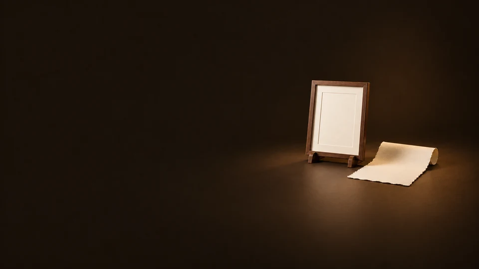 A blank ivory sheet in a walnut frame beside a partly rolled sheet of deckle-edge paper. - Collectibles & Artifacts Meta ads research index