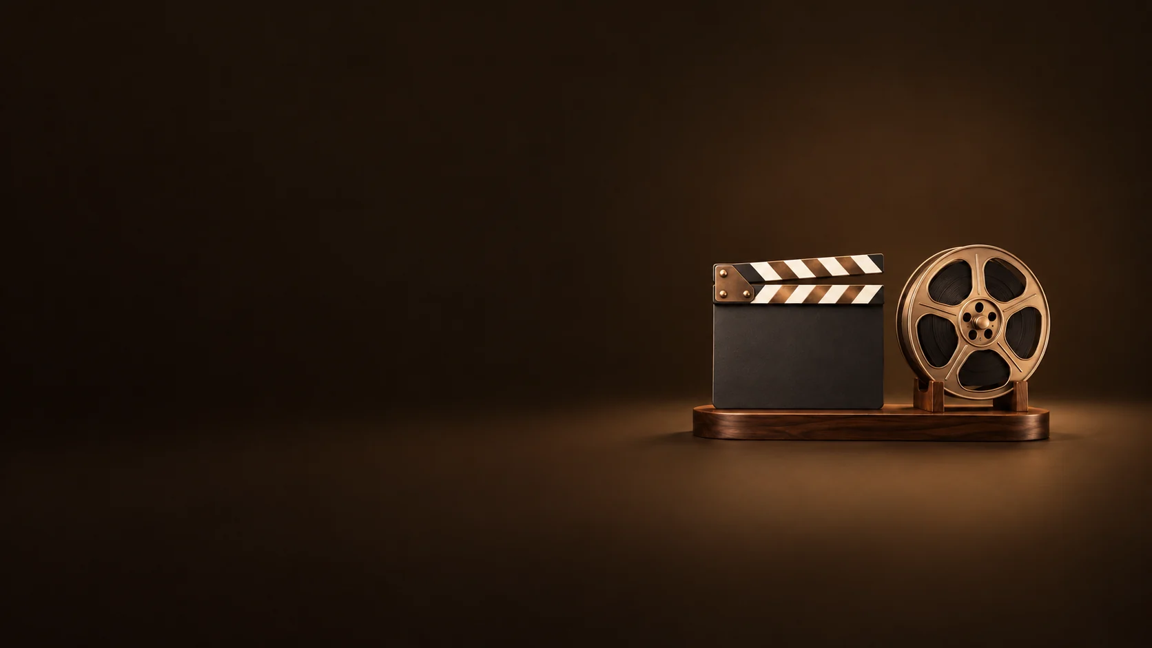 An unmarked clapperboard and bronze film reel on a walnut display base. - Entertainment Memorabilia Meta ads research by Madgicx Labs