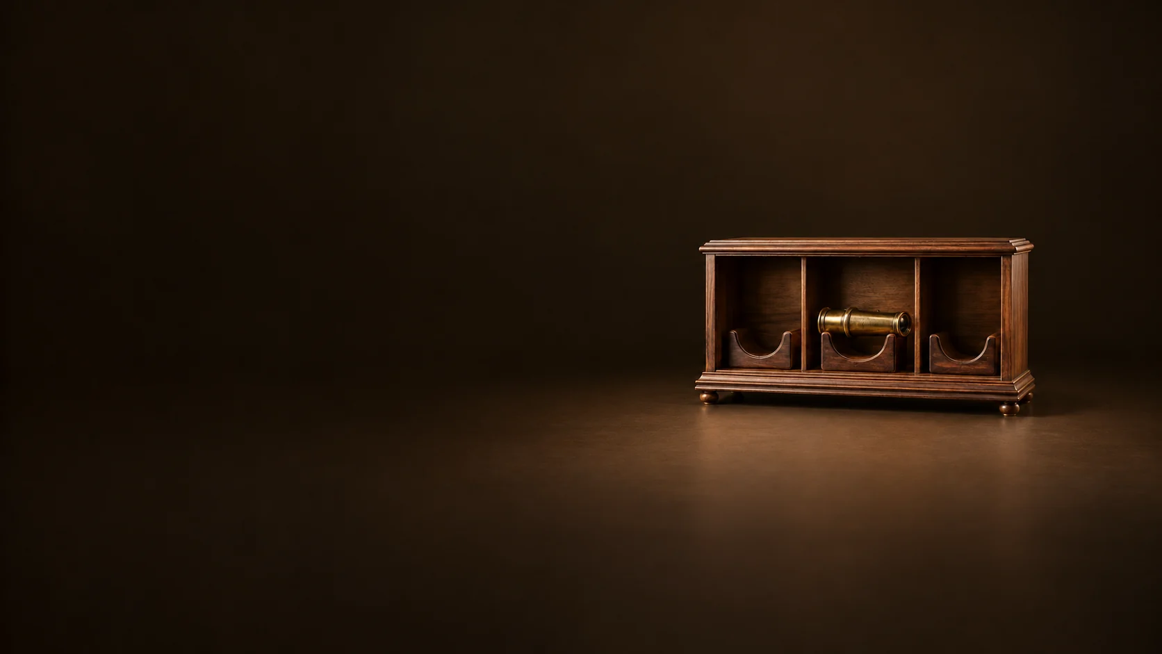 A small brass telescope in the center bay of a walnut collector cabinet with two empty bays. - Rare & Specialty Collectibles Meta ads research by Madgicx Labs