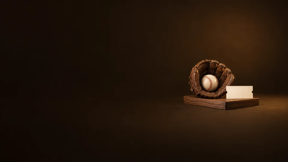 A worn leather baseball glove holding an unsigned baseball beside a blank ticket on a walnut plinth. - Collectibles & Artifacts Meta ads research index