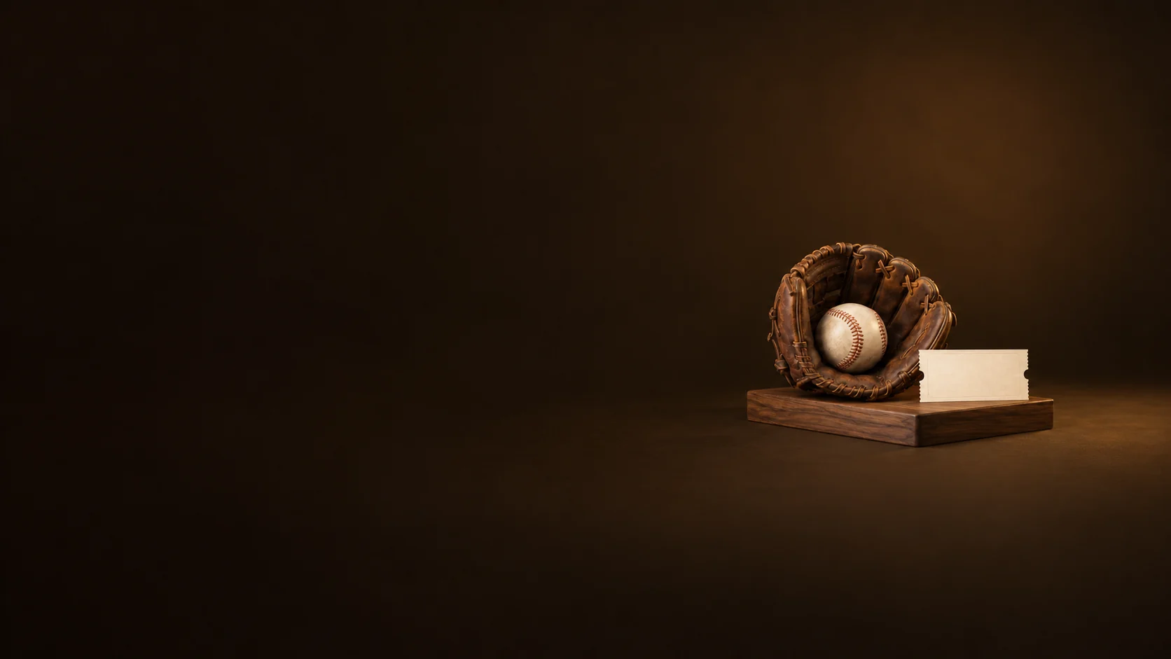 A worn leather baseball glove holding an unsigned baseball beside a blank ticket on a walnut plinth. - Sports Memorabilia Meta ads research by Madgicx Labs