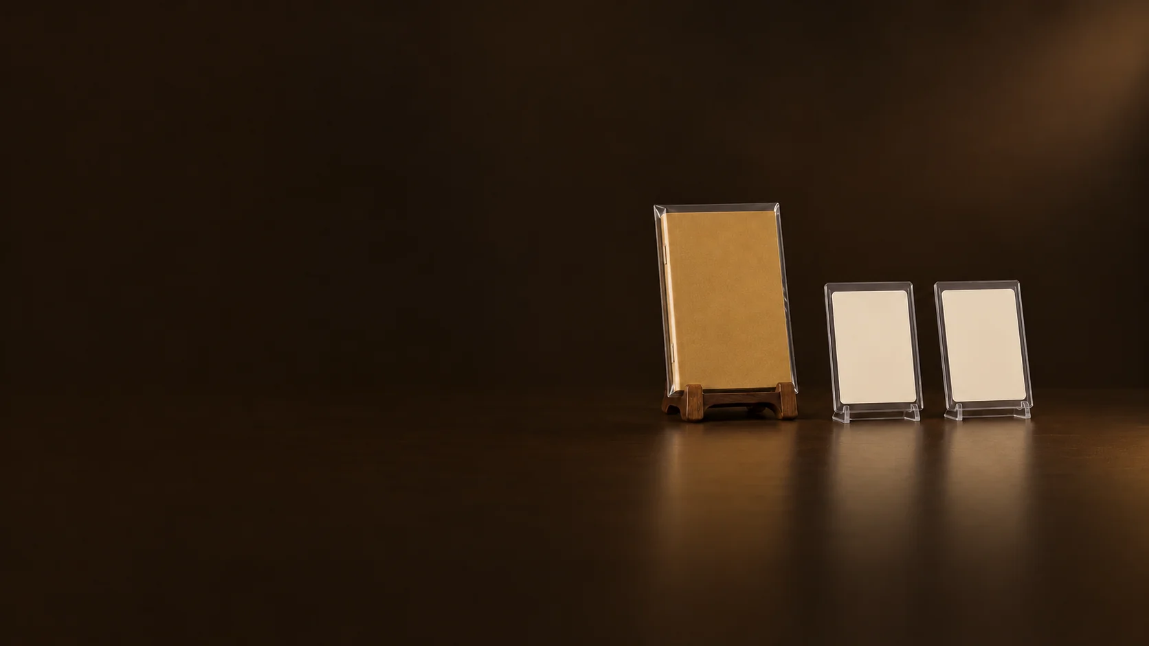 An ochre booklet in a clear sleeve on a walnut support beside two blank ivory cards in clear holders. - Trading Cards & Comics Meta ads research by Madgicx Labs