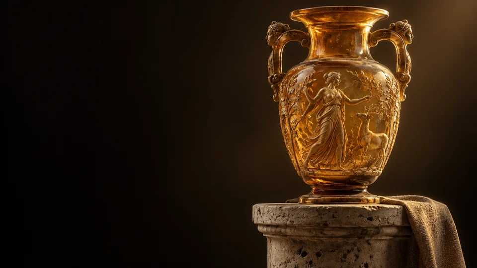 An amber vessel with classical relief and decorative handles on a stone plinth. - Collectibles & Artifacts Meta ads research by Madgicx Labs