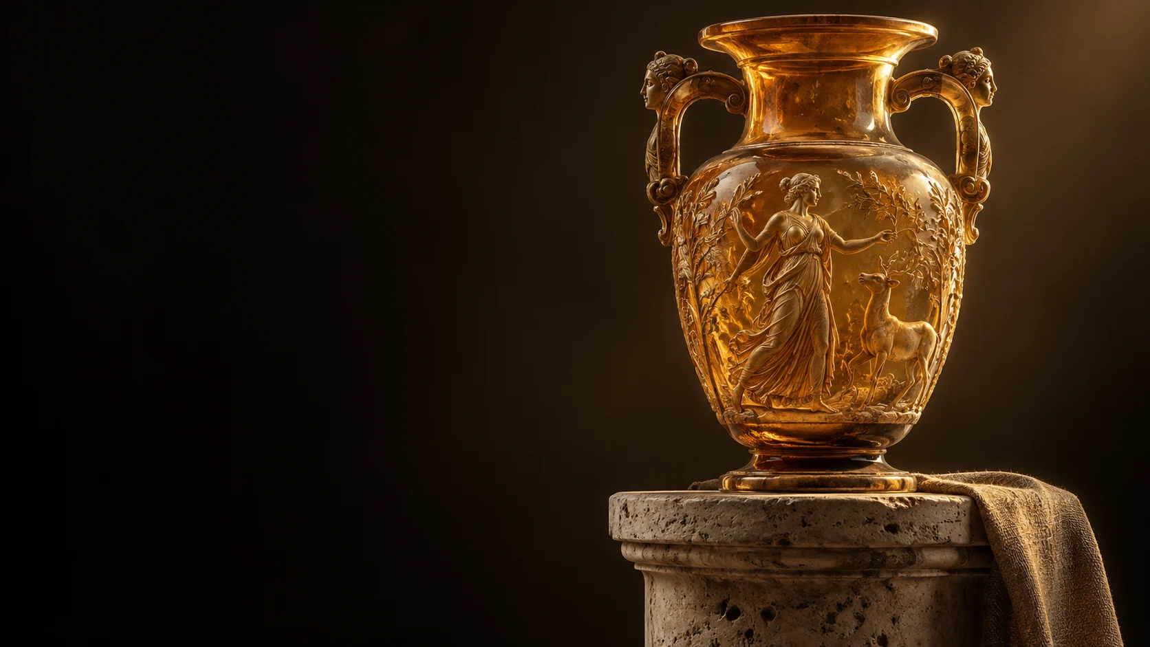 An amber vessel with classical relief and decorative handles on a stone plinth. - Collectibles & Artifacts Meta ads research by Madgicx Labs