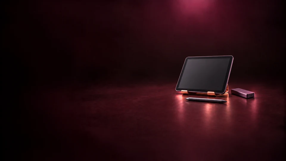 A tablet with an inactive screen, stylus and portable drive. - Content Creators & Influencers Meta ads research index
