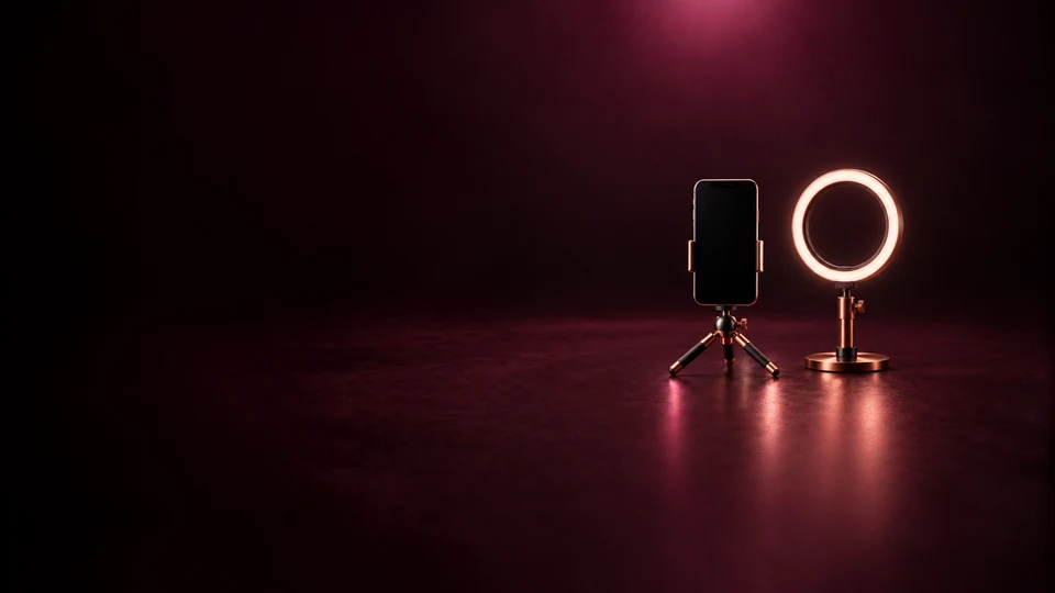 An inactive phone on a small stand beside a ring light. - Content Creators & Influencers Meta ads research index