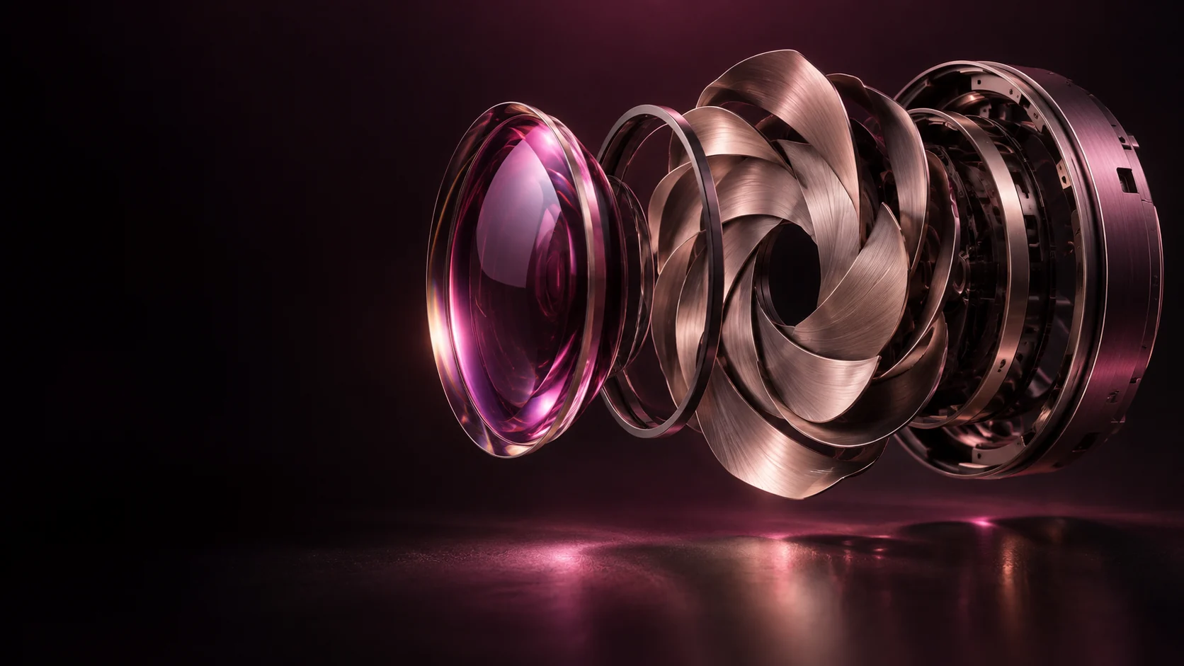 An exploded camera-lens sculpture with rose-metal aperture blades and a magenta glass lens. - Content Creators & Influencers Meta ads research by Madgicx Labs
