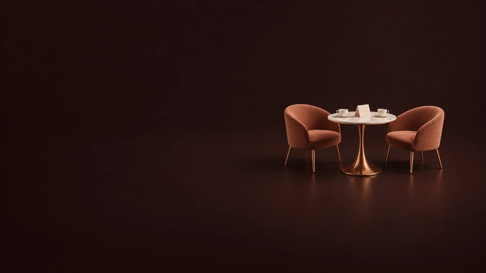 Two terracotta chairs around a copper cafe table with cups and a blank invitation. - Dating Events & Activities Meta ads research by Madgicx Labs