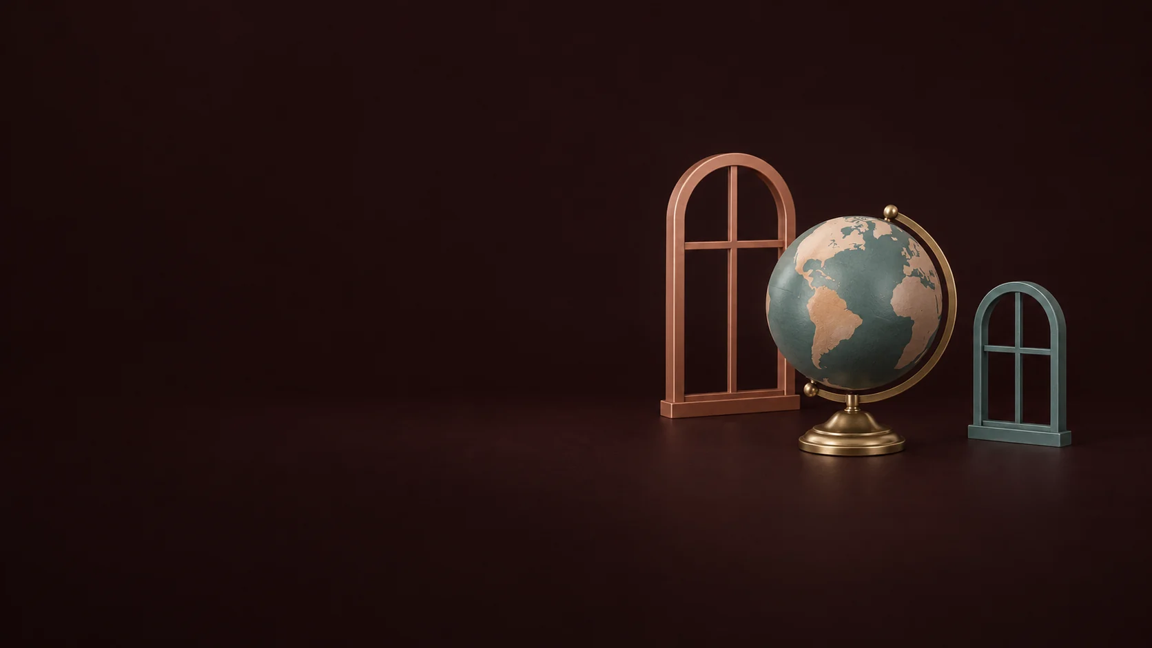 A small globe between two empty copper and teal window frames. - International Dating Platforms Meta ads research by Madgicx Labs